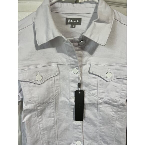 Tractr Womens White Denim Jacket With Button Front & Chest Pockets - Picture 2 of 7